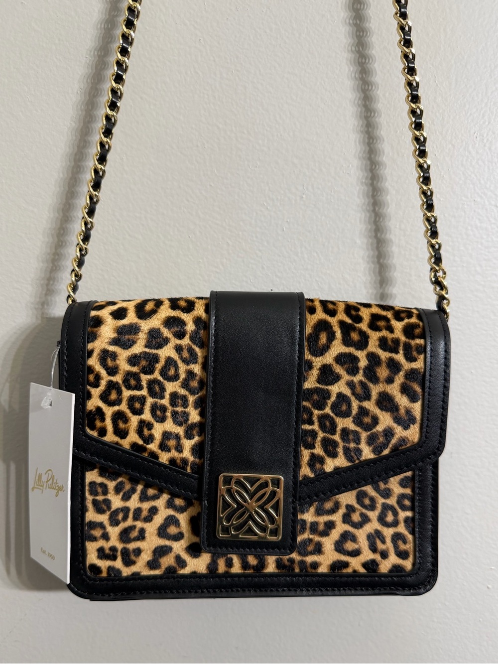 NWT Lilly Pulitzer Dobson Crossbody Bag Leopard Print Haircalf Gold Chain Purse